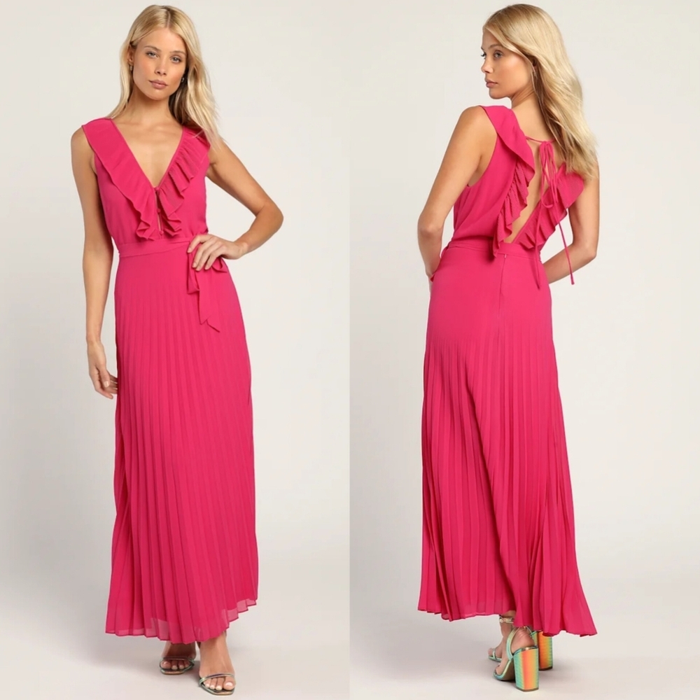Lulus Loved By You Hot Pink Pleated Chiffon Maxi Dress S Wedding Party Feminine